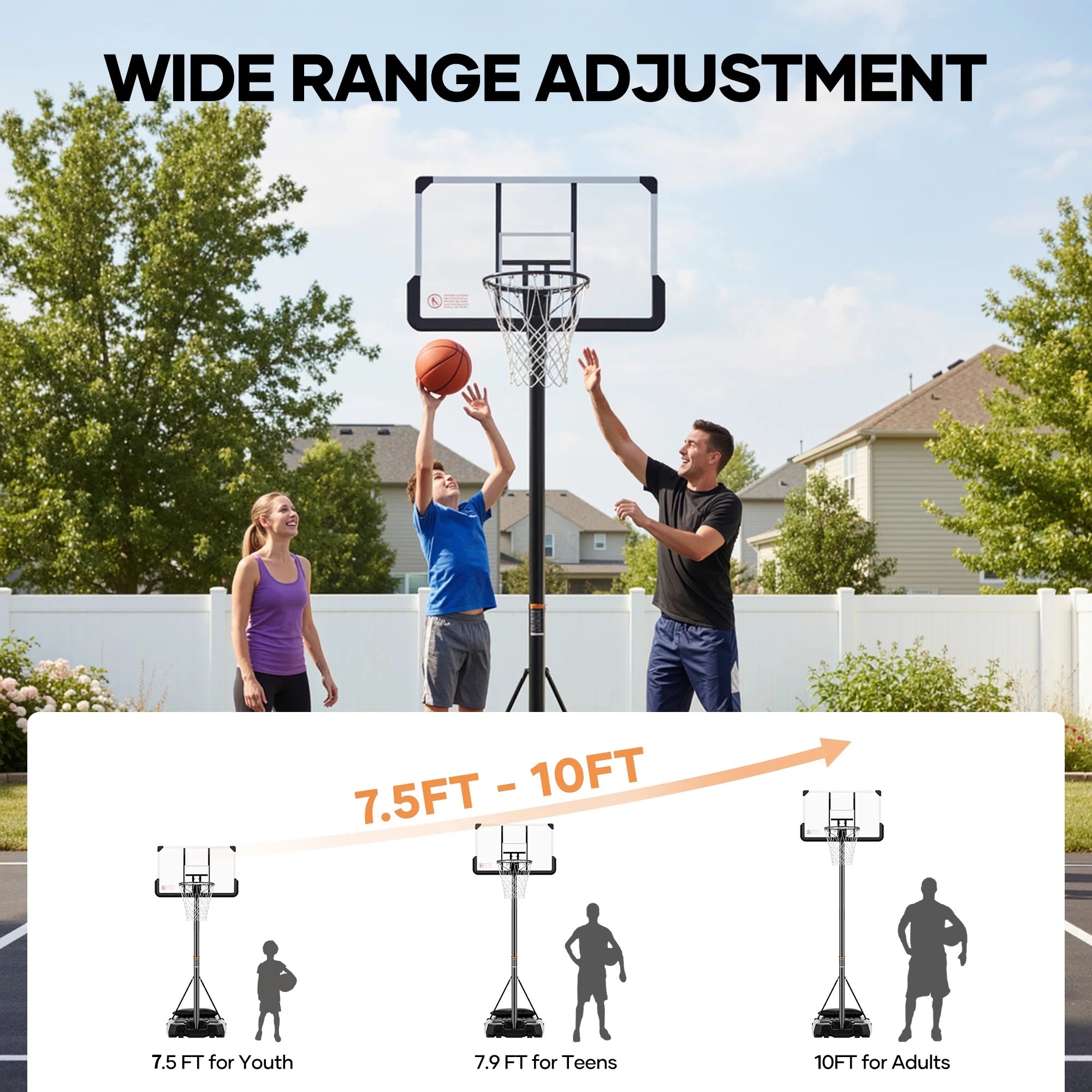 44In Basketball Hoop 7.5 Ft to 10 Ft Height Upgrade Large Base Portable Basketball Goal System with Quick Adjustment for Full Range of Players Indoor Outdoor Use