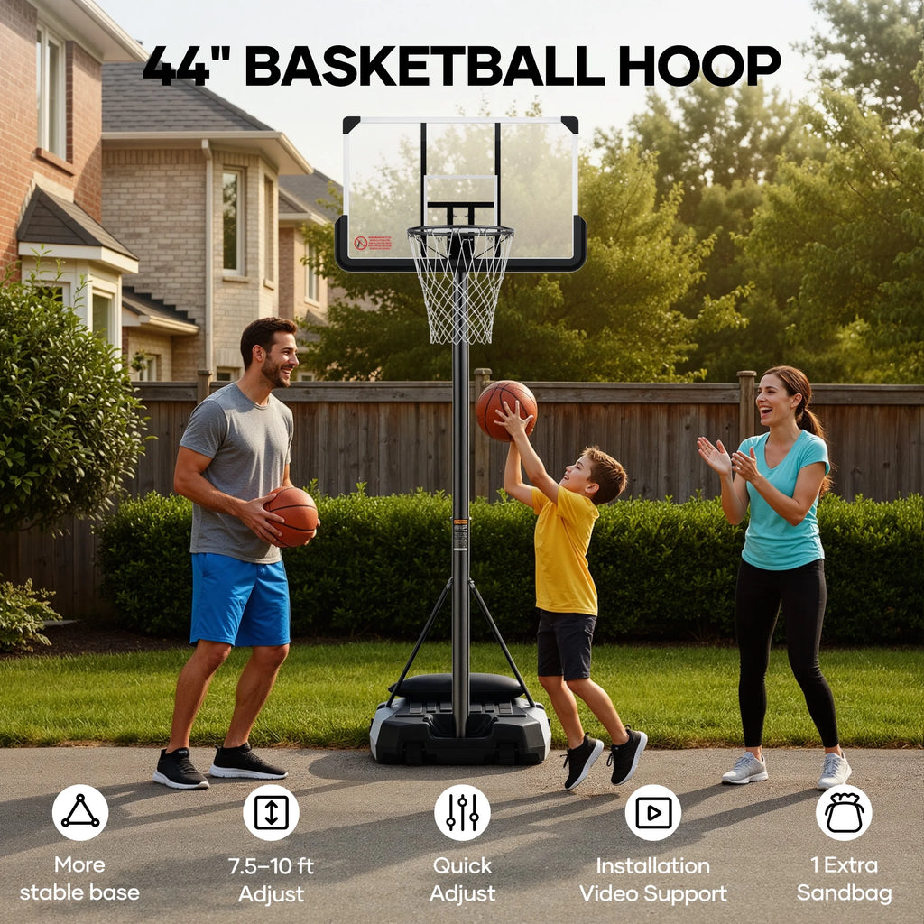 44In Basketball Hoop 7.5 Ft to 10 Ft Height Upgrade Large Base Portable Basketball Goal System with Quick Adjustment for Full Range of Players Indoor Outdoor Use